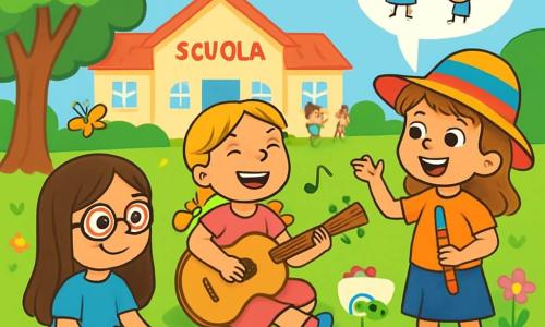 Ci sono 3 personaggi: - Anna: una ragazza di 10 anni con lunghi capelli castani e occhiali rotondi, indossa una maglietta blu e una gonna a fiori, seduta sull'erba con colori per disegnare immagini gioiose. - Beatrice: una ragazza di 9 anni con capelli biondi intrecciati e un sorriso splendente, indossa un vestito rosa e suona la chitarra, seduta accanto ad Anna, cantando una melodia dolce. - Chiara: una ragazza di 10 anni con capelli castani e un cappello colorato, tiene un bastone colorato e racconta una storia con entusiasmo, di fronte alle sue amiche. La scena si svolge in un giardino scolastico soleggiato, pieno di fiori colorati e alberi verdi, con bambini che giocano sullo sfondo e farfalle che volano intorno, creando un'atmosfera gioiosa e accogliente. Le tre amiche sono unite nel condividere i loro talenti per sensibilizzare i compagni sul bullismo: Anna disegna immagini di gentilezza, Beatrice canta una canzone sull'amicizia e Chiara racconta una storia ispiratrice, tutti insieme in un momento di creatività e solidarietà.