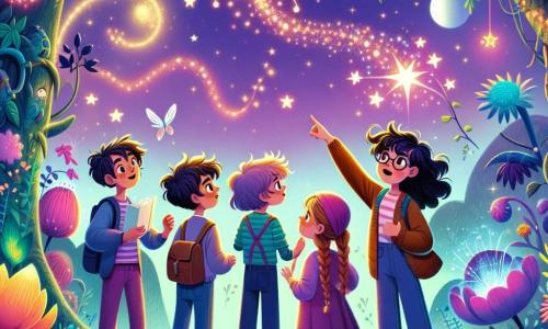 In un giardino magico sul pianeta Auroras, quattro bambini si trovano insieme, meravigliati. **Luca**, un ragazzo di 10 anni con capelli ricci e occhi vivaci, indica una creatura luminosa che vola intorno a loro, il viso radioso di curiosità. **Sara**, una ragazza di 9 anni con trecce e un sorriso coraggioso, è accanto a Luca, con le braccia conserte, osservando attentamente la scena con uno sguardo determinato. **Marco**, un ragazzo sognatore di 10 anni con capelli castani e occhiali rotondi, è leggermente in disparte, con gli occhi spalancati, mentre tiene un piccolo quaderno in cui disegna stelle. **Elena**, una ragazza di 8 anni con capelli lunghi e lisci, si trova davanti al gruppo, con le braccia alzate, come se stesse cercando di afferrare le luci scintillanti che danzano intorno a loro. Il giardino è pieno di piante giganti dai colori vivaci, con fiori che brillano in tonalità di viola, blu e verde. Il cielo è di un rosa tenue, punteggiato di stelle scintillanti e due lune brillanti. Al centro di questa scena magica, i bambini scoprono un piccolo dispositivo metallico a forma di sfera, che emette una luce morbida e pulsante, mentre una voce amichevole risuona, promettendo loro un'avventura interstellare.