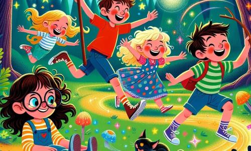 No centro da imagem, quatro amigos estão em uma clareira encantada. À esquerda, Ana, uma menina de 8 anos com longos cabelos castanhos e óculos redondos, ri enquanto segura um livro de vagalumes. À sua direita, Beto, um menino de 9 anos com cabelos loiros bagunçados e uma camiseta vermelha, tenta dançar com uma vassoura que se agita ao seu redor. Ao lado de Beto, Clara, uma menina de 7 anos com tranças e um vestido de bolinhas, desliza sobre uma gelatina colorida, com os braços para cima, cheia de alegria. Por fim, à direita, Dudu, um menino de 8 anos com óculos de sol e um short azul, ri enquanto tenta pegar uma vassoura que dança. O local é uma clareira mágica, cercada por árvores com folhas cintilantes e flores multicoloridas que parecem sorrir. O chão está coberto de gelatina brilhante, e estrelas cintilantes flutuam no ar, adicionando um toque de magia à cena. A situação principal mostra os amigos rindo e brincando juntos, cercados por vassouras dançantes e gelatina, criando uma atmosfera alegre e humorística, onde a magia e a amizade se misturam em um turbilhão de risadas e cores.