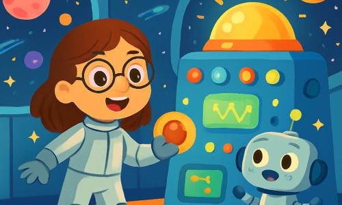 Uma cientista mulher, Ana, com cabelos castanhos e óculos redondos, sorri com admiração enquanto está diante de uma máquina espacial brilhante, cheia de luzes coloridas. Ela usa um traje espacial prateado e segura um botão luminoso na mão. Ao seu lado, um pequeno robô chamado Tico, com corpo metálico prateado e olhos brilhantes, pisca de alegria, flutuando levemente acima do chão. A cena acontece dentro de uma estação espacial futurista, com grandes janelas redondas oferecendo uma vista espetacular de um céu estrelado repleto de planetas coloridos e cometas cintilantes. A máquina espacial, no centro da sala, emite luzes vivas e sons suaves, criando uma atmosfera mágica e emocionante. Ana e Tico estão prestes a iniciar sua aventura espacial, prontos para explorar as maravilhas do universo, com estrelas brilhantes cintilando do lado de fora da janela.