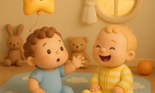 Há 3 personagens: dois meninos e um objeto-personagem — Tito, quase 1 ano, cabelo castanho encaracolado, bochechas rosadas, de body azul claro, sentado à esquerda sobre um tapete, estendendo a mão para o balão; Nuno, quase 1 ano, cabelo loiro fino, sorriso largo, de macacão às riscas amarelas e brancas, sentado à direita sobre o tapete, rindo e olhando para Tito; e um balão-estrela dourado com um rostinho luminoso desenhado e uma fitinha rosa-pálida presa, flutuando ligeiramente entre os dois e inclinado para eles. Local: um quarto infantil doce e simples, paredes cor creme, janela redonda com cortina de musselina branca que deixa passar uma luz quente de fim de tarde, tapete espesso com padrão de nuvem azul-pálido e peluches de feltro ao redor. Situação principal: os dois bebés brincam e estendem as mãos para o balão-estrela que flutua suavemente; cena terna e calma, cores quentes, texturas lisas e brilhantes como massa de modelar, expressões doces e curiosas, composição centrada e clara para uma criança de 2 anos.