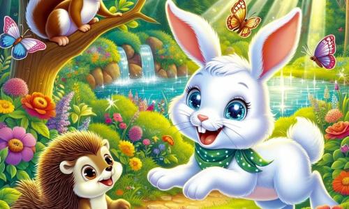 An illustration depicts a young male rabbit with bright white fur and sparkling blue eyes, joyfully hopping in a colorful garden surrounded by vibrant flowers and fluttering butterflies, his expression full of excitement and determination. Nearby, a small female squirrel with brown fur and a bushy tail perches on a branch, her eyes shining with enthusiasm as she watches her friend with a smile. A male hedgehog, with brown spines and a brave demeanor, stands beside a bush, ready for adventure, his gaze determined and proud. The main setting is an enchanting garden filled with multicolored flowers, lush green trees, and a sparkling pond at the center, where frogs joyfully leap. Sunlight filters through the leaves, creating dancing shadows on the ground. The main scene shows the young rabbit and his friends celebrating their recent discovery of a magical treasure, the garden vibrant with life and color, symbolizing friendship and adventure. Other graphic elements include colorful butterflies flying around, birds singing in the trees, and a joyful, bright atmosphere evoking the spirit of adventure and camaraderie.