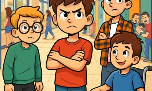 There are 4 children: Ethan, a 12-year-old boy with messy brown hair and sparkling curious eyes, wearing a red t-shirt and blue jeans, stands in the center with crossed arms, showing a determined expression. Lucas, also 12, has round glasses and blonde hair, dressed in a green sweatshirt and black shorts, stands slightly back to the left of Ethan, looking on with concern. Noah, a 12-year-old boy with brown hair and a warm smile, is in a wheelchair, wearing a blue t-shirt and beige pants, positioned to the right of Ethan, ready to support his friend. Max, another 12-year-old with black hair and freckles, is in the back, slightly withdrawn, wearing a plaid shirt and jeans, with a defiant look on his face, prepared to intervene. The scene takes place in a bustling school hallway with colorful lockers and student project posters on the walls. Daylight filters through large windows, illuminating the tiled floor. Students pass by in the background, some laughing and chatting, while a group of bullies looms menacingly at the back. The main situation shows Ethan, determined, facing a group of bullies surrounding a younger student. The bullies, with mocking expressions, seem ready to taunt, while Ethan courageously steps in to defend the other child. The atmosphere is tense, but the friendship and support from the other children are palpable.
