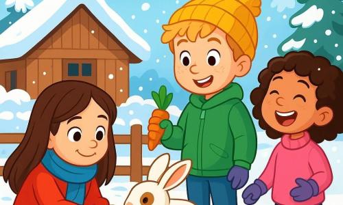 Er zijn 3 kinderen: - Noor: een 7-jarig meisje met lange bruine haren en sprankelende ogen. Ze draagt een felrode jas en een blauwe wollen sjaal. Ze zit naast het kleine hok van Muis, het konijn, met een zachte glimlach op haar gezicht. - Bram: een 7-jarig jongetje met messy blond haar en sproeten. Hij draagt een gele muts en een groene jas. Hij staat naast Noor en houdt een wortel in zijn hand, klaar om deze aan Muis te geven. - Lina: een 7-jarig meisje met krullend haar en een stralende glimlach. Ze draagt een roze trui en paarse handschoenen. Ze staat iets verder weg en zingt vrolijk terwijl ze naar haar vrienden kijkt. De locatie is de tuin van een klein houten huisje, bedekt met een dikke laag glinsterende sneeuw. De lucht is helderblauw met donzige witte wolken. Op de achtergrond staan bomen met takken vol sneeuw en een klein houten hok waarin Muis, het konijn, met zijn witte vacht en een bruine vlek op zijn neus, woont. De hoofdscène toont de kinderen die Muis voeden met wortels en hooi, samen lachend in de frisse winterlucht. De scène is vol vreugde en vriendschap, met sneeuwvlokken die zachtjes om hen heen vallen, wat een magische en warme sfeer creëert.