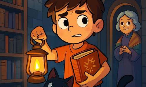 Un niño de 8 años, Tomás, con cabello castaño desordenado, ojos brillantes de curiosidad y una sonrisa traviesa, sostiene una linterna de metal en una mano y un pequeño libro de hechizos en la otra. Se encuentra en el centro de la escena, con un aire inquieto y determinado, listo para explorar lo desconocido. A su lado, un gato negro de ojos azules brillantes, que parece susurrar secretos, se frota contra su pierna, añadiendo un toque de misterio a la atmósfera. Al fondo, una anciana, la abuela de Tomás, con cabello plateado y un chal colorido, observa con una mirada benevolente, de pie cerca de la puerta de la biblioteca. La escena tiene lugar en una biblioteca antigua, con grandes estanterías de madera llenas de libros polvorientos, candelabros de hierro forjado colgando del techo y ventanas de vitrales que dejan pasar destellos de luz colorida. Tomás, intrigado por una vibración mágica en el aire, está a punto de abrir un portal secreto escondido detrás de una estantería, mientras sombras bailan a su alrededor, creando una atmósfera encantadora y misteriosa.