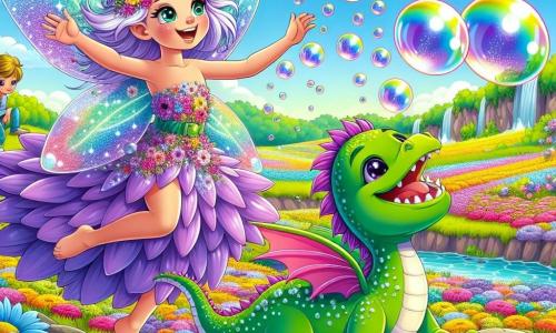 Eine Fee namens Lila mit glitzernden Flügeln und schwebenden lila Haaren tanzt fröhlich über ein großes Feld bunter Blumen. Sie trägt ein Kleid aus Blütenblättern und ihr Gesicht strahlt vor Freude, während sie einen kleinen grünen Drachen namens Flappi anführt, der bunte Blasen bläst. Flappi, ein kleiner Drache mit grünen Schuppen und funkelnden Augen, springt vor Freude und die Blasen schweben um ihn herum. Im Hintergrund sitzt ein etwa 8-jähriger Junge mit blonden Haaren und strahlendem Lächeln auf einem moosbedeckten Stein und schaut fasziniert zu. Der Ort ist ein sonniges, wunderschönes Feld voller leuchtender Blumen, mit einem klaren blauen Himmel und einigen fluffigen Wolken. In der Ferne sieht man einen strahlenden Regenbogen, der sich im glitzernden Bach spiegelt. Die Hauptsituation zeigt Lila und Flappi, die ihre Freundschaft feiern, umgeben von bunten Blasen, während der kleine Junge sie mit weit aufgerissenen Augen bewundert, fasziniert von der Magie dieses Moments.