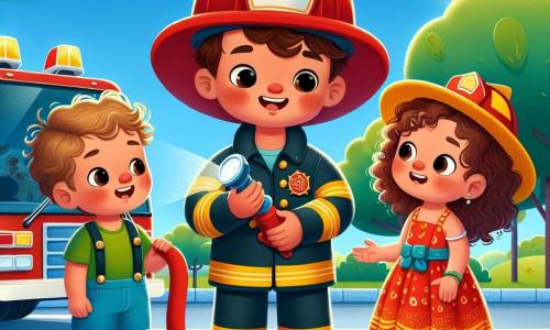 Um bombeiro chamado João está no centro da imagem, com um grande sorriso no rosto. Ele usa um macacão vermelho brilhante, um capacete de bombeiro e segura uma mangueira, pronto para apagar um incêndio. Seus cabelos são castanhos e cacheados, e seus olhos brilham de entusiasmo e determinação. À sua direita, uma menina chamada Ana, de 7 anos, com cabelos cacheados e um vestido colorido, olha para João com admiração, segurando um pequeno brinquedo de bombeiro. À sua esquerda, um menino chamado Miguel, de 8 anos, com cabelos curtos e loiros, se aproxima curioso, pronto para ouvir as histórias de João. A cena acontece em um parque ensolarado, com árvores verdes e um céu azul claro. Ao fundo, há um caminhão de bombeiro vermelho estacionado, com sirenes brilhando ao sol. João explica às crianças como apaga incêndios, enquanto elas o ouvem atentamente, sonhando em se tornar heróis como ele.