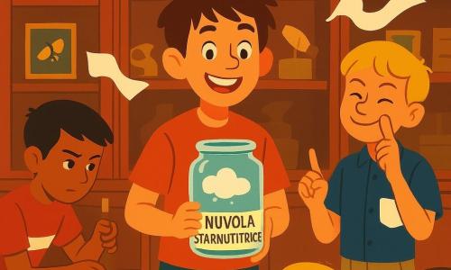 Ci sono quattro bambini di 10 anni: Tommaso, capelli castani arruffati, sorride con denti visibili e tiene un piccolo barattolo di vetro davanti alla grande vetrina; Amir, pelle olivastra e capelli neri corti, accovacciato a sinistra mentre sistema dei ganci metallici, concentrato; Nico, capelli biondo chiaro, sorriso malizioso a destra vicino al pubblico, fa una smorfia silenziosa con un fazzoletto stampato alla tasca; Leo, capelli castani, occhiali rotondi e camicia pulita, dietro al gruppo con un quaderno aperto e l'indice alzato per calmarli. Siamo nell'interno di un antico cabinet of curiosities con pareti di legno caldo e scaffali pieni di oggetti strani; al centro una grande vetrina trasparente contiene un piccolo barattolo con una nuvoletta bianca sospesa, luce dorata del tardo pomeriggio illumina la scena. I quattro presentano la 