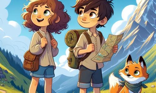 A 12-year-old girl, Lark, with curly brown hair, sparkling curious eyes, and a wide smile, stands on a mountain path, gazing in awe at a vast blue sky dotted with white clouds. She wears a light tunic and denim shorts, with a small backpack filled with adventure treasures. Beside her, Toma, a 12-year-old boy with messy brown hair and freckles, holds an old map, focused and leaning towards Lark. A small orange fox named Ink, wearing a light fabric scarf around its neck, weaves between their feet, eyes shining with excitement. The backdrop features a majestic mountain with lush slopes and steep rocks, all bathed in the golden light of the setting sun. In the background, the mountain peak reveals the Skybell, a huge shimmering bronze bell surrounded by clouds. The main scene shows Lark and Toma, determined and enthusiastic, ready to climb the path to reach the legendary bell, while Ink the fox encourages them with a joyful little cry.