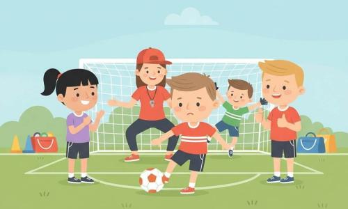 Six-year-old Leo, round-faced with short light-brown hair, leans forward concentrating and nervously taps a white-and-orange soccer ball on the grass; seven-year-old Hana, black hair in a ponytail, stands left clapping encouragingly; seven-year-old Miles, blond and mischievous but kind, stands right giving a thumbs-up; Coach Mina, about 30, in a red cap with a whistle, crouches behind Leo with open hands and an encouraging look; an eight-year-old goalkeeper in green dives to stop the ball; textured green turf, white lines, a white goal, colorful cones and equipment bags near the line, and a soft late-afternoon light under a pale blue sky with a few clouds convey a calm, supportive moment at the instant of foot-to-ball contact.