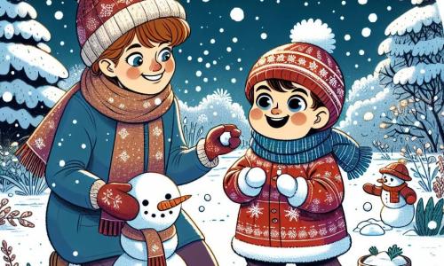 Un bambino di un anno, con capelli castani e guance rosa, ride gioiosamente in un giardino innevato. Indossa una tuta rossa con motivi di fiocchi di neve e stivali blu. I suoi occhi brillano di eccitazione mentre rotola una palla di neve. La mamma, una donna di circa 30 anni con capelli castani e un sorriso caloroso, è accanto a lui. Indossa un cappotto blu e un berretto di lana. Lo incoraggia con uno sguardo affettuoso, tenendo una carota in mano per il naso del futuro pupazzo di neve. Il giardino è coperto da uno spesso strato di neve scintillante, con alberi i cui rami sono carichi di fiocchi. Il cielo è blu chiaro, punteggiato di nuvole bianche e soffici. La scena mostra il bambino e la mamma mentre costruiscono un pupazzo di neve, con risate e un'atmosfera di gioia invernale.