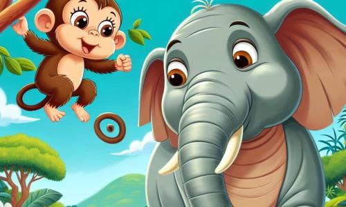 Ein kleiner Affe namens Max, mit braunem Fell und neugierigen, funkelnden Augen, hängt an einem Ast und lächelt fröhlich, während er mit seinen Armen schwingt. Neben ihm steht ein weiser, alter Elefant mit grauer, faltiger Haut und großen Ohren, der Max wohlwollend ansieht und fest auf dem Boden steht, umgeben von bunten Blumen. Im Hintergrund erstreckt sich das grüne Dach des Dschungels, gefüllt mit großen Bäumen mit üppigem Laub und strahlenden Blumen unter einem hellblauen Himmel. Die Szene zeigt Max und den Elefanten, die einen Moment der Verbundenheit teilen und die Bedeutung von Freundschaft in ihrem Abenteuer in der Natur illustrieren.