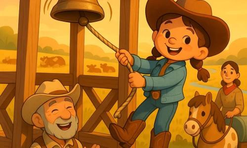 Het hoofdpersonage is een vrolijke cowgirl met rond gezicht, bruine twee vlechten en een scheve bruine hoed, die stevig aan een touw in een houten toren trekt om een grote metalen klok te luiden; oom Ben, met gerimpeld maar warm gezicht en lichte cowboyhoed, staat beneden klappend en glimlachend, Rosa met rood sjaaltje en eenvoudige ranchjurk houdt de teugels van het kleine pony Ster (crème met bruine vlekken) bij een watertrolley, terwijl in de achtergrond koeien en kalfjes in een gouden grasweide bij zonsondergang liggen, een klein riviertje glinstert en zonnestralen de klokkering en de warme, geruststellende sfeer benadrukken.