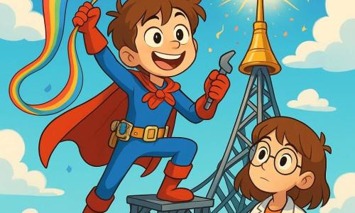A young boy named Milo, with tousled hair and a mischievous grin, is perched atop a tower. He wears a red and blue superhero costume, complete with a tool belt full of fun gadgets. His eyes sparkle with excitement and determination as he holds a rainbow ribbon in one hand and a tool in the other, ready to solve a problem. Beside him, Juno, a 10-year-old girl with brown hair and round glasses, watches in admiration. Dressed in an inventor's lab coat and holding a clipboard, she notes down ideas with a focused look, standing slightly back, ready to assist. The scene is set in a tall metal tower, with tangled cables and a blue sky dotted with fluffy clouds. Below, the city of Pepperford bustles with colorful buildings and curious people. The main situation shows Milo negotiating with a giant antenna, which sparkles with lights, surrounded by small sparks and floating confetti. The antenna appears hesitant, both excited and shy, while Milo enthusiastically talks to it, ready to convince it to take on the role of the weather director.