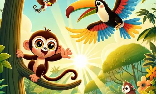 A little monkey named Momo, with brown fur and sparkling curious eyes, is perched high in a tall tropical tree, smiling enthusiastically as he joyfully swings on a branch. Next to him, Tilly the toucan, with her colorful plumage in bright shades of yellow, red, and blue, flies around him encouragingly, her wings spread and her wide beak open in a joyful call. In the background, the lush jungle is filled with green foliage, vibrant flowers, and sunlight filtering through the branches. The scene shows Momo leaping into the air, ready to jump from branch to branch, while other jungle animals watch him with admiration and excitement.
