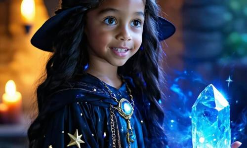 No centro da imagem, uma jovem bruxa chamada Luna, com cerca de 12 anos, está com um olhar determinado e maravilhado. Ela tem longos cabelos ondulados, de um negro profundo, e veste um vestido de bruxa decorado com padrões estrelados, com um amuleto dourado brilhante ao redor do pescoço. Em sua mão, ela segura um cristal azul cintilante, símbolo de sua busca. Ao seu lado, Eldrin, um homem de cerca de 60 anos, o Guardião da Escola Sombria, se apresenta com uma postura majestosa. Ele tem uma longa barba prateada e olhos penetrantes, vestido com uma robe escura ricamente decorada. Ele observa Luna com orgulho, pronto para apoiá-la em sua missão. Atrás deles, Arwen, uma mulher de cerca de 50 anos, a Guardiã da Escola da Luz, está com um sorriso benevolente. Ela tem cabelos dourados que caem em cachos e usa um vestido radiante, iluminado por padrões luminosos. Ela levanta a mão, como se estivesse incentivando Luna a avançar. A cena ocorre em uma clareira encantada, cercada por árvores majestosas com folhas cintilantes, sob um céu estrelado onde a lua ilumina o chão com sua luz prateada. Vaga-lumes dançam ao redor, adicionando um toque de magia à atmosfera. Luna, com seu amuleto brilhante, se prepara para unir as duas escolas de magia, enquanto Eldrin e Arwen estão ao seu lado, simbolizando a aliança entre luz e sombra.