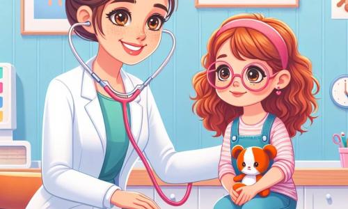Pani Doktor Liliana, uśmiechnięta i serdeczna lekarka z brązowymi włosami związanymi w kok, nosi nieskazitelną białą fartuch. Ma błyszczące oczy pełne życzliwości i trzyma w rękach stetoskop, uważnie patrząc na małą dziewczynkę. Gabrysia, ośmioletnia dziewczynka z pięknymi rudymi lokami i różowymi okularami, siedzi na krześle, nieco zdenerwowana, ale uśmiechnięta, trzymając w ramionach pluszaka. Sceneria znajduje się w jasnym gabinecie lekarskim z pastelowoniebieskimi ścianami, kolorowymi plakatami zdrowia i dużym drewnianym biurkiem z narzędziami medycznymi. Główna sytuacja przedstawia Lilianę badającą Gabrysię, prosząc ją o głębokie oddychanie, podczas gdy dziewczynka stara się zrelaksować, otoczona zabawkami i rysunkami na ścianie.