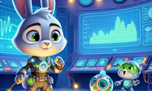 Rolo, a young rabbit with silver fur and large futuristic glasses, shows determination as he stands in front of a bright control panel in an energy control room. He is focused, carefully manipulating colorful wires with his small paws. Next to him, Zippy, a small robot with glowing LED eyes, vibrates with excitement, its metallic arms raised in encouragement while it hovers slightly above the ground. In the background, Eco-Bunny, a futuristic vehicle in green hues with changing patterns, waits with a friendly glow, ready to assist. The modern control room is filled with sparkling cables and large screens displaying energy graphs, all bathed in a bluish light. The main scene depicts Rolo restoring the city's energy, surrounded by futuristic technology, as a malfunctioning drone approaches, creating palpable tension in the air.