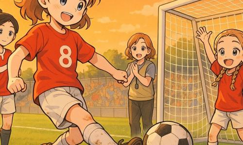 Rosie, about 12, grinning confidently in a red #8 jersey with dirty white socks and muddy cleats, stretches to make a decisive pass to Zoe, about 12 with braided hair and arms raised in front of the goal; Maria, about 15, the captain with hair in a bun, applauds nearby while Coach Amy, about 35 in a training vest, claps from the sideline; the green pitch shows visible grass blades, crisp white lines and a quivering net, stands filled with colorful silhouettes waving flags, all bathed in golden late-afternoon light with long shadows and a slightly orange sky, creating a fluid, tense but joyful shared-victory moment.