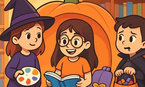A 10-year-old girl, Mila, with long brown hair and round glasses, is sitting in a pumpkin-shaped reading nook, her face lit up by a delighted smile. She holds an open book on her lap, her eyes sparkling with curiosity and excitement. Next to her, a 9-year-old girl in a witch costume, wearing a black pointed hat and a purple dress, looks at Mila with a friendly smile, holding a colorful paint palette. A 10-year-old boy dressed as a vampire with a black cape and pointed teeth stands a bit further away, holding an orange bucket filled with candy, looking worried. The setting is a cozy library, with tall shelves filled with colorful book covers, bat decorations hanging from the ceiling, and soft lights creating a magical atmosphere. The main scene shows Mila discovering a small mysterious gift, a purple box hidden under a pumpkin-shaped cushion, while the other children joyfully sing around her, creating a festive and enchanted atmosphere.