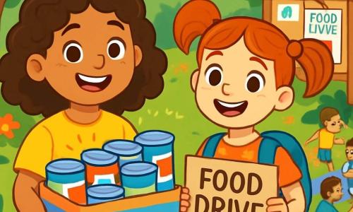 There are two main characters: - Lily: an 8-year-old girl with curly brown hair, a big smile, wearing a bright yellow t-shirt with a sun design. She holds a brightly decorated box full of canned goods. - Emma: an 8-year-old girl with red pigtails and sparkling eyes, dressed in a floral dress and carrying a blue backpack. She stands next to Lily, holding a cardboard sign that says 