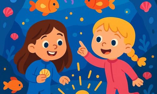 There are two main characters: Mia, a 7-year-old girl with long brown hair wearing a blue wetsuit. She has a big smile and is holding a small shell in her hand. Lily, a 7-year-old girl with braided blonde hair dressed in a pink wetsuit, is pointing at a bright light in the water. The main setting of the story is a beautiful underwater cave with walls shimmering with colorful shells, ranging from pink to blue, and golden lights emanating from the bottom of the water. Fish with glowing tummies swim around them, creating a magical atmosphere. The main situation shows Mia and Lily, amazed, discovering a sparkling treasure in the sand, surrounded by colorful fish dancing around them, while glowing jellyfish gently float in the water.