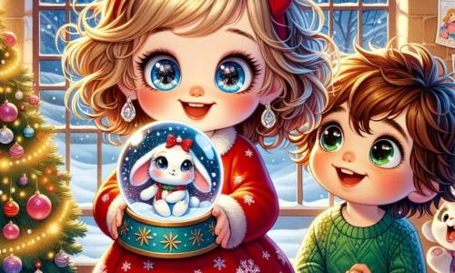 A 3-year-old girl with sparkling big eyes and curly blonde hair joyfully smiles while holding a shimmering snow globe in her hands. She wears a red dress with snowflake patterns and striped tights. Next to her, a 4-year-old boy with messy brown hair and a green sweater gazes at the globe in wonder, his eyes shining with curiosity. An adorable little white rabbit named Benny stands nearby, wearing a red bow around his neck, hopping with excitement. The scene takes place in a cozy common room of an orphanage, decorated with fairy lights and colorful ornaments, with windows revealing falling snow outside. A large Christmas tree sparkles in one corner, adorned with glittering decorations. The little girl and her friends are sharing the magic of Christmas, surrounded by colorful greeting cards and small gifts, radiating joy and friendship, ready to spread the spirit of Christmas around them.