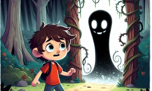 Um garoto de 8 anos, chamado Tiago, está no centro da imagem, com olhos brilhantes de curiosidade e cabelos castanhos bagunçados. Ele usa uma camiseta vermelha e um short azul, e seu rosto expressa tanto excitação quanto uma leve apreensão enquanto descobre um misterioso arco de madeira, coberto de cipós e flores escuras. À sua direita, uma sombra amigável toma forma, parecendo uma pequena criatura negra com olhos brilhantes, que parece encorajá-lo com um sorriso benevolente. Essa sombra é o Guardião do Mundo das Sombras, flutuando levemente acima do solo, cercada por uma aura de mistério. O cenário é uma floresta densa e escura, onde árvores gigantes se erguem como sentinelas, suas ramificações torcidas criando sombras dançantes no chão. Um leve nevoeiro envolve o solo, acrescentando uma atmosfera enigmática à cena. Tiago, hesitante mas determinado, está pronto para atravessar o arco misterioso que o levará ao desconhecido, enquanto a criatura sombria o observa com benevolência, como um guia neste mundo assustador.