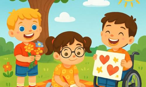 Ci sono 3 personaggi: - Luca: un ragazzo di 6 anni con capelli biondi e occhi blu brillanti. Indossa una maglietta rossa e pantaloni corti di jeans, sorridendo felicemente mentre tiene un mazzo di fiori colorati. - Sara: una ragazza di 6 anni con capelli castani raccolti in due codini e occhiali tondi. Indossa un vestito a fiori e è seduta su una coperta da picnic, mentre disegna con colori. - Marco: un ragazzo di 6 anni con capelli castani e un grande sorriso. È su una sedia a rotelle, vicino ai suoi amici, mentre tiene un grande disegno con cuori e stelle. I tre amici sono riuniti sotto un grande albero al parco, circondati da fiori vivaci e un prato verde. Il cielo è blu con alcune nuvole bianche e il sole splende, creando un'atmosfera gioiosa e calda. I bambini stanno preparando una sorpresa per la festa della mamma, con biscotti fatti in casa su una coperta colorata e risate che risuonano nell'aria. Stanno cantando e divertendosi, circondati dalla bellezza della natura.