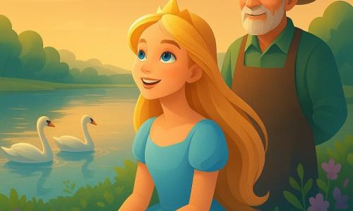 A princesa Elora, uma jovem de 16 anos, com cabelos brilhantes como fios de lua e olhos azul profundo, está sentada à beira do Lago de Cristal, um sorriso encantado iluminando seu rosto. Um velho jardineiro, Senhor Bruno, um homem de cerca de 70 anos, com olhos cintilantes e rugas benevolentes, está de pé a alguns passos, observando Elora com uma expressão sábia e calorosa. O lago cintila sob a luz da manhã, cercado por flores lilases e vegetação luxuriante, refletindo o céu dourado. Cisnes prateados deslizam graciosamente sobre a água, suas penas prateadas capturando a luz do sol. A cena captura um momento de descoberta e magia, onde a princesa ouve os sussurros do lago, cercada pela beleza natural e pela sabedoria compartilhada.