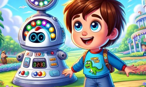 Um menino de 6 anos, Lucas, com cabelos castanhos bagunçados e olhos brilhantes de curiosidade, está em frente a uma máquina do tempo colorida, cheia de botões luminosos. Ele usa uma camiseta azul com um dinossauro desenhado e um short vermelho, e seu rosto expressa grande excitação e maravilha. Ao seu lado, seu amigo robô Tico, com forma redonda e luzes piscantes, sorri com olhos em forma de estrela, pronto para levá-lo a uma nova aventura. O cenário é um jardim verdejante, repleto de flores coloridas e árvores majestosas, sob um céu azul brilhante, com nuvens fofas e um arco-íris cintilante ao fundo, adicionando um toque mágico à cena. A situação principal mostra Lucas e Tico prestes a viajar no tempo, com Lucas levantando os braços, pronto para apertar um botão da máquina, enquanto Tico o encoraja com um sorriso amigável.