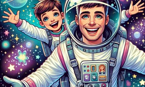Un astronaut zâmbitor, un bărbat de aproximativ treize ani, cu o cască strălucitoare și un costum spațial alb decorat cu culori vii, flotând în spațiu, cu brațele deschise, uimit de frumusețea stelelor strălucitoare din jurul său. Lângă el, un băiat de opt ani, cu părul brun și ochii sclipitori, purtând un mic costum de astronaut, își ridică brațele râzând, plin de emoție, în timp ce plutește ușor în imponderabilitate. Fundalul este un vast cer înstelat, cu planete colorate, o lună strălucitoare și nebuloase în nuanțe pastelate care adaugă o notă magică scenei. Situația principală arată astronautul și băiatul împărtășind un moment de bucurie și uimire, explorând împreună imensitatea universului, pregătiți să trăiască aventuri extraordinare printre stele.