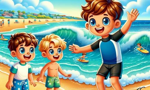 Op een zonnige scène op Bondi Beach staan drie jongens van acht jaar vrolijk op het gouden zand. Max, een jongen met bruin, krullend haar, draagt een blauwe zwembroek en glimlacht breed, klaar om te surfen. Rechts van hem staat Sam, met blond haar en een zonnebril, die enthousiast met zijn armen zwaait terwijl hij op zijn beurt wacht. Links kijkt Liam, met kastanjebruin haar en een rood t-shirt, met grote ogen naar de golven, ongeduldig om het water in te gaan. Op de achtergrond breken de turquoise golven van de oceaan zachtjes op de kust, terwijl surfers over de glinsterende golven glijden. De lucht is helderblauw met een paar donzige witte wolken, en gezinnen ontspannen op kleurrijke handdoeken, wat een vrolijke en levendige sfeer creëert. De hoofdscène toont de jongens, staande op hun surfplanken, lachend en in het water vallend, terwijl een ervaren surfer hen aanmoedigt met een grote glimlach. De energie van avontuur en vriendschap is voelbaar, wat de geest van een perfecte dag op het strand vastlegt.