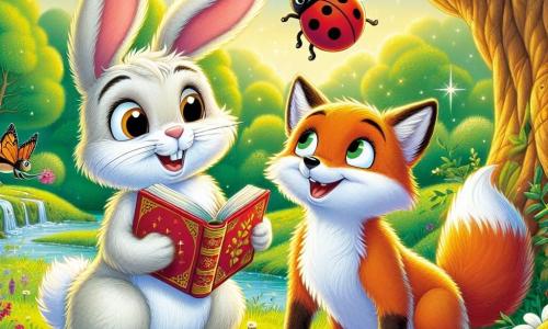 A little rabbit named Benny, with fluffy white fur and large floppy ears, shows an expression of determination and joy as he holds a shiny book in his front paws. Next to him, a small ladybug named Lucy, with red wings and black spots, joyfully flies around him, her eyes sparkling with excitement. A friendly fox named Freddie, with bright orange fur and a bushy tail, stands near a large oak tree, smiling and ready to listen to the story. The scene takes place in a green meadow dotted with colorful flowers and bathed in the golden light of the setting sun, with a sparkling stream nearby. Benny, Lucy, and Freddie celebrate the discovery of Oliver the owl's storybook, surrounded by an atmosphere of camaraderie and happiness, ready to dive into a world of enchanted adventures.