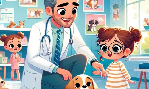 El doctor Tomás, un hombre de unos treinta años, lleva una bata blanca brillante y un estetoscopio alrededor del cuello. Tiene una gran sonrisa cálida y ojos chispeantes de bondad. Está agachado, acariciando suavemente la cabeza de una perrita llamada Luna, que tiene una pata vendada y una mirada agradecida. Sofía, una niña de 6 años con cabello castaño y rizado, está a su lado, con los ojos muy abiertos de asombro. Sostiene un hueso de plástico en su mano, lista para dárselo a Luna. Mateo, un niño de 5 años con gafas redondas y cabello rubio, está un poco más atrás, observando la escena con una gran sonrisa, con las manos en las caderas, lleno de admiración. La escena tiene lugar en una clínica veterinaria luminosa, con paredes pintadas de azul pastel y carteles coloridos de animales. Hay juguetes para mascotas esparcidos por el suelo, y una gran ventana deja entrar la luz del sol, iluminando el espacio. El doctor Tomás examina la pata de Luna, hablándole suavemente para tranquilizarla, mientras Sofía y Mateo observan con curiosidad y entusiasmo, listos para aprender a cuidar de los animales.