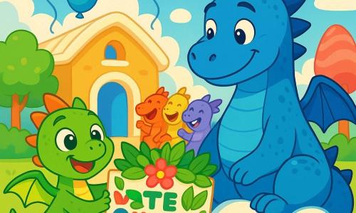 Un pequeño dragón verde llamado Nico, con grandes ojos brillantes y una amplia sonrisa, se encuentra frente a un gran cartel colorido hecho de hojas y flores, en el que está escrito 