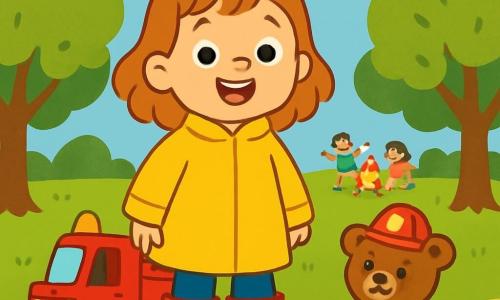 A young girl, Mia, wears large red boots that shine in the sun. She has a joyful smile and sparkling eyes, dressed in a bright yellow coat. Mia stands proudly next to her fire truck, ready for adventure. Beside her, her teddy bear, a brown stuffed bear with a little fireman's hat, looks eager and happy. The setting is a green park with vibrant trees and a blue sky dotted with fluffy white clouds. In the distance, a small campfire can be seen surrounded by friends gathered, laughing and playing. The main scene shows Mia, full of enthusiasm, ready to help her friends as a firefighter, while her teddy bear encourages her with a knowing look.