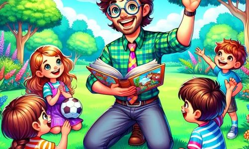 Un insegnante, un uomo di circa trent'anni, sorridente ed entusiasta, si trova al centro dell'immagine. Ha capelli castani, occhiali tondi e indossa una camicia a quadri colorata, tenendo un libro aperto tra le mani. Il suo volto irradia gioia ed eccitazione mentre legge una storia ai suoi alunni. Alla sua destra, una bambina di 8 anni, Sara, con lunghi capelli biondi intrecciati e un vestito rosa, alza la mano con entusiasmo, pronta a fare una domanda. Alla sua sinistra, un ragazzo di 9 anni, Luca, con capelli castani disordinati e una maglietta blu, sorride tenendo un pallone da calcio sotto il braccio, pronto a giocare dopo la lettura. La scena si svolge in un parco verdeggiante, pieno di alberi maestosi, fiori colorati e un prato verde dove i bambini sono seduti in cerchio attorno al loro insegnante. Il cielo è di un blu brillante, punteggiato da alcune nuvole bianche e soffici. La situazione principale mostra l'insegnante che cattura l'attenzione dei bambini con una storia affascinante sugli animali del bosco, mentre i bambini, meravigliati, ascoltano attentamente, impazienti di partecipare e condividere le loro idee.