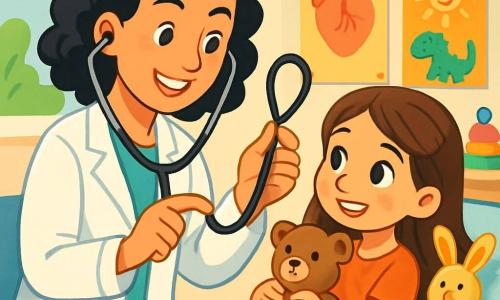 La doctora Sofía, una mujer de unos treinta años con cabello negro y rizado, lleva una bata blanca impecable. Su rostro irradia bondad y determinación, mientras sonríe calurosamente a una joven paciente. Clara, una niña de nueve años con cabello largo castaño y ojos brillantes, está acostada en la mesa de examen, rodeada de peluches reconfortantes. Mira a la doctora con una mezcla de emoción y curiosidad, sosteniendo un pequeño oso de peluche en sus brazos. La escena tiene lugar en una sala de examen luminosa y acogedora de la clínica, con carteles coloridos en las paredes, juguetes esparcidos y un estetoscopio brillante sobre la mesa. La situación principal muestra a la doctora Sofía explicando a Clara cómo funciona un estetoscopio, mientras Clara escucha atentamente, lista para descubrir los secretos de su cuerpo.