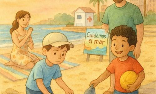 Hay cuatro personajes: Tomás, niño de 6 años, pelo corto castaño, rostro serio pero dulce, lleva pantalón corto azul y gorra clara, sostiene una pequeña bolsa para basura y recoge una tapita de plástico junto al borde del agua (izquierda, primer plano); Nico, niño de 6 años, pelo rizado negro, sonrisa amplia, camiseta roja, sujeta una pelota bajo el brazo y ayuda a Tomás a recoger plástico con una concha usada como pala (a la derecha de Tomás, algo atrás); la mamá de Tomás, mujer de unos 35 años, pelo largo recogido, piel clara, vestido ligero estampado, sentada sobre una gran toalla a rayas, se aplica spray solar y mira a los niños con ternura (fondo izquierdo); el papá de Tomás, hombre de unos 36 años, pelo corto y barba ligera, camiseta verde, sostiene una pequeña bolsa de tela para tirar la basura y sonríe con orgullo, de pie detrás de los niños a la derecha. Lugar: playa urbana al atardecer con arena dorada, paseo de madera, pequeñas rocas planas y un muelle bajo, palmeras y edificios lejanos en acuarela, olas tranquilas con espuma blanca, un puesto de salvamento blanco y un cartel colorido «Cuidemos el mar» cerca del muelle. Situación: los dos niños recogen pequeños residuos en la orilla para ponerlos en la bolsa, con gestos precisos y tranquilos; el agua dorada refleja el cielo rosado; los padres los vigilan con ternura y orgullo; ambiente cálido y colaborativo, centrado en la acción de limpieza y la conexión familiar.