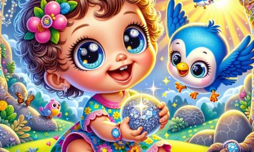 Una niña de 1 año, llamada Lila, con grandes ojos brillantes y cabello rizado, sonríe con alegría mientras sostiene una piedra brillante en sus pequeñas manos. Lleva un vestido colorido con motivos de flores y zapatitos rosas. A su lado, un pájaro azul llamado Pepe, con plumaje brillante y un pico curioso, vuela alegremente a su alrededor, emitiendo pequeños "chirp, chirp" de emoción. El escenario se sitúa en un pequeño bosque encantado, lleno de árboles con troncos retorcidos y hojas brillantes, donde los rayos de sol filtran a través de las ramas, creando una atmósfera mágica. Flores multicolores crecen por todas partes, añadiendo un toque de alegría al paisaje. La situación principal muestra a Lila y Pepe flotando en el aire, rodeados de nubes con forma de animales divertidos, como un elefante y un león, mientras la piedra mágica brilla intensamente entre sus manos, simbolizando la aventura y la magia que les espera.