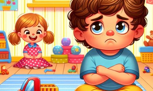 A 4-year-old boy with curly brown hair is wearing a blue t-shirt and yellow shorts. His face shows sadness and jealousy, with furrowed brows and bright eyes. He is sitting on a soft carpet with crossed arms, looking at a little girl next to him. The girl, Mia, also 4 years old, has long, smooth hair in two pigtails. She is wearing a pink polka-dot dress and happily playing with a shiny red truck, rolling it on the floor. She is sitting right next to Leo, smiling at him with a friendly look. The scene takes place in a bright, colorful classroom with yellow walls and children's drawings on display. Toys are scattered on the floor, and a reading corner with colorful cushions is visible in the background. Leo feels a strong emotion of jealousy as he watches Mia play with the red truck, while Mia is joyfully making the toy vroom.