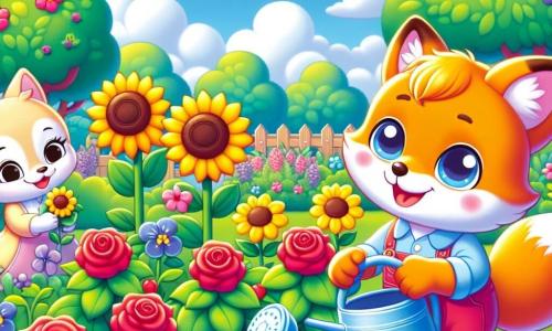 Ein kleiner Fuchs namens Leo mit leuchtend orangefarbenem Fell und funkelnden Augen gießt bunte Blumen in einem sonnigen Garten. Er lächelt breit, mit aufrechten kleinen Ohren, und hält eine kleine blaue Gießkanne in seinen Pfoten. Seine Mama, eine sanfte Füchsin mit cremefarbenem Fell und liebevollen Augen, steht neben ihm und lächelt stolz, während sie einen großen Blumenstock hält. Sie schaut Leo zärtlich an, glücklich, Zeit miteinander zu verbringen. Der Garten ist voller leuchtender Blumen: rote Rosen, gelbe Sonnenblumen und zarte Veilchen, unter einem hellblauen Himmel mit flauschigen weißen Wolken. Grüne Bäume mit glänzenden Blättern umgeben den Garten und schaffen eine fröhliche und friedliche Atmosphäre. In dieser Szene teilen Leo und seine Mama einen magischen Moment, während sie die Blumen gießen und zusammen lachen, erfüllt von Glück und Liebe während der Sommerferien.