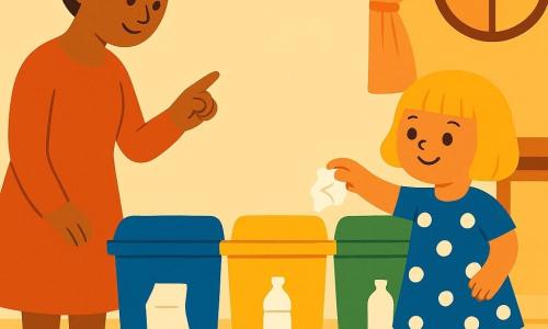 Dwuletnia dziewczynka, wesoła i ciekawa, z krótkimi blond włosami, trzyma zmięty papier i uśmiecha się; ma niebieską sukienkę w białe kropki i różowe kapcie. Mama, około 30 lat, spokojna i opiekuńcza, z brązowymi włosami w koku, stoi po lewej, wskazuje i się uśmiecha. W centrum trzy kosze na śmieci: niebieski, żółty i zielony z prostymi symbolami (papier, plastik, szkło), obok zielonego stoi pusta butelka plastikowa. Wnętrze przytulnej kuchni o zmierzchu: kremowe ściany, jasny drewniany stół, okrągłe okno z lekką zasłoną, mięte pomarańczowe światło i jasna terakota. Główna scena: dziewczynka ma wyrzucić papier do niebieskiego kosza, a mama ją zachęca — spokojna, pozytywna scena segregowania odpadów, wyraźna kompozycja, żywe kolory i proste kształty dla maluchów.