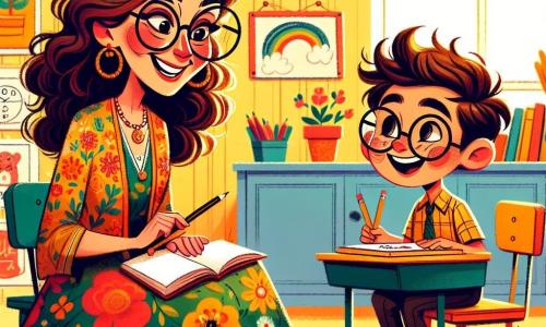 La Maestra Clara è una donna di circa trent'anni, con capelli castani ricci e occhiali tondi che le conferiscono un'aria saggia e amichevole. Indossa un abito colorato a fiori e un grande sorriso radioso, mentre si inginocchia accanto a Luca per aiutarlo con un esercizio di matematica. Luca è un ragazzo di 8 anni, con capelli castani in disordine e occhi brillanti di eccitazione. È seduto su una piccola sedia, con una matita in una mano e un quaderno nell'altra, guardando la Maestra Clara con ammirazione. La scena si svolge in un'aula luminosa, con pareti gialle decorate da disegni di bambini, scaffali pieni di libri colorati e finestre aperte che lasciano entrare la luce del sole. La situazione principale mostra la Maestra Clara e Luca in piena lezione, dove la Maestra spiega gioiosamente le forme geometriche a Luca, che sembra sempre più sicuro e felice, circondato da matite e libri, pronti a esplorare insieme il mondo della matematica.
