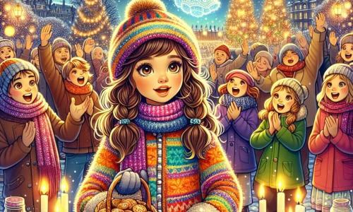 Ein 12-jähriges Mädchen, Mia, mit langen braunen Haaren und neugierigen Augen, steht lächelnd und aufgeregt im Mittelpunkt des Bildes. Sie trägt eine bunte Jacke und eine Wollmütze und hält einen kleinen Korb voller Kekse, die sie gerade gebacken hat. Neben ihr steht ihre beste Freundin Lena, ebenfalls 12 Jahre alt, mit geflochtenen blonden Haaren und einem gestreiften Pullover, die sie ermutigt, indem sie die Arme hebt, bereit zu singen. Im Hintergrund ist ein Park, der von funkelnden Lichtern und bunten Laternen erleuchtet wird, wo Familien um festlich dekorierte Tische mit Speisen und Getränken versammelt sind. Feuerwerkskörper erleuchten den Nachthimmel und schaffen eine magische und fröhliche Atmosphäre. Die Szene zeigt Mia und Lena, die zusammen singen, umgeben von Nachbarn, die ihnen applaudieren, während ein leuchtender Geist, der das neue Jahr symbolisiert, über ihnen schwebt und dieser festlichen Feier einen Hauch von Magie verleiht.