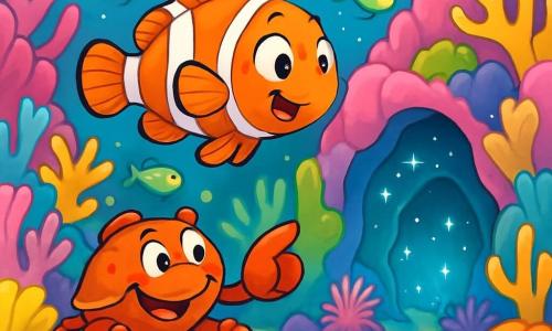 Um peixinho-palhaço chamado Léo, com escamas laranja vibrante e listras brancas, nada entusiasticamente em um labirinto de corais coloridos, seus olhos brilhando de curiosidade e deslumbramento. Ao seu lado, um velho caranguejo chamado Sebastião, com uma carapaça vermelha e garras imponentes, sorri calorosamente, mostrando uma expressão amigável e sábia, enquanto aponta para um caminho secreto entre os corais. O cenário é um recife de coral vibrante, repleto de corais em tons de rosa, roxo e amarelo, onde peixes fluorescentes dançam ao redor deles, iluminando a água cristalina. A situação principal mostra Léo descobrindo uma caverna misteriosa, cercado por luzes cintilantes e anêmonas dançantes, enquanto se prepara para explorar esse novo lugar fascinante com seu amigo Sebastião.