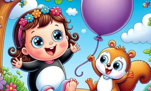 A 3-year-old girl with sparkling big eyes and curly brown hair is sitting on a tree branch, smiling widely with her arms stretched towards a purple balloon floating just above her. Beside her, a penguin named Percy, with black and white feathers and curious round eyes, stands on the branch with his flippers raised, looking joyful and excited, ready to help her catch the balloon. Below, a mischievous squirrel named Sammy, with red fur and a bushy tail, watches with his paws raised, laughing at the situation. The setting is a colorful garden filled with bright flowers and green trees under a clear blue sky dotted with fluffy white clouds. The scene depicts the girl and the penguin joyfully jumping to catch the balloon, while the squirrel cheers them on below, creating a playful and lively atmosphere.