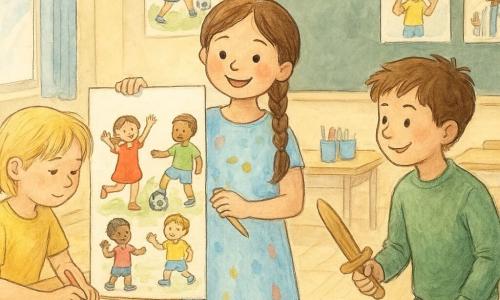 W pomieszczeniu klasowym z dużymi oknami stoi troje dzieci: Zosia (ok. 8 lat, brązowe warkocze, błękitna sukienka z plamami farby) na środku z pędzlem i dumnie pokazującym swój rysunek na plakacie, Ania (ok. 8 lat, krótkie blond włosy, żółty t-shirt) po lewej siedząca na małym stołku i kolorująca flamastrami, oraz Kuba (ok. 9 lat, włosy kasztanowe, zielony sweter) po prawej z małym drewnianym mieczem, uśmiechnięty i pochylony jakby proponował wspólną zabawę; jasna sala z kredową tablicą, rozrzuconymi stolikami, słoikiem z flamastrami i farbami, plakatami pokazującymi dzieci w różnych aktywnościach i jasną drewnianą podłogą; scena pokazuje wspólnie prezentowany duży, kolorowy plakat z dziewczynkami i chłopcami bawiącymi się razem, atmosfera radosna i inkluzywna, żywe kolory, delikatne ołówkowe kreski i miękki akwarelowy wash, szczęśliwe wyrazy twarzy i gesty wzajemnej pomocy.