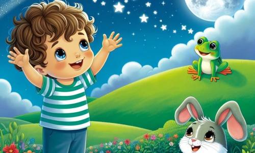 Um menino de 4 anos chamado Léo, com cabelos cacheados e olhos brilhantes de curiosidade, está em pé em uma colina verdejante, com um grande sorriso iluminando seu rosto. Ele levanta os braços para o céu estrelado, maravilhado com a beleza das estrelas que brilham acima dele. Ao seu lado, uma coelhinha chamada Lila, com grandes orelhas e pelagem macia, observa Léo com olhos brilhantes de empolgação. Ela está sentada na grama, com as patas dianteiras cruzadas, pronta para compartilhar seus sonhos. Um pouco mais longe, um sapo chamado Tico, com pele verde vibrante e olhos redondos, salta alegremente, como se quisesse alcançar as estrelas. O cenário é uma colina suave e verde, salpicada de flores coloridas, sob um céu noturno cheio de estrelas cintilantes. A lua brilha suavemente, iluminando a paisagem com uma luz prateada. A cena principal mostra Léo e seus amigos sonhando juntos, levantando os braços para o céu, imaginando jardins de cenouras gigantes e aventuras fantásticas, enquanto a estrela brilhante acima deles parece responder a seus sonhos, brilhando ainda mais intensamente.
